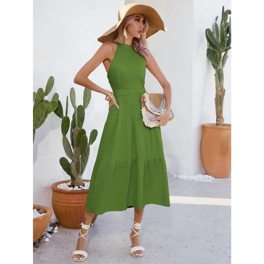 boho Solid Layered Hem Halter Neck Cut Out Waist maxi Dress - Picture 4 of 11